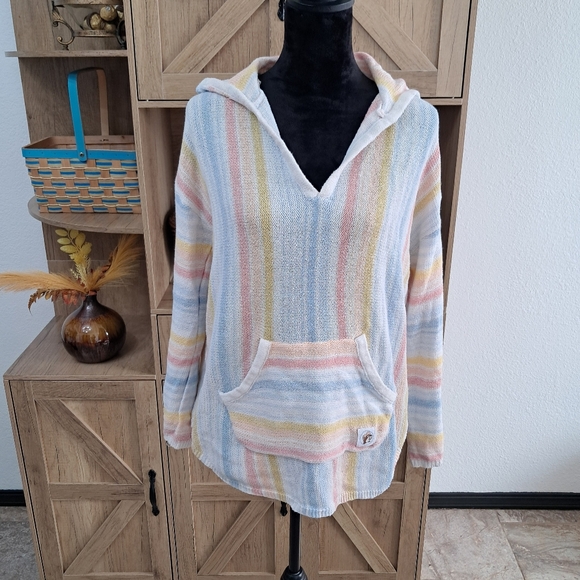 BUC-EE'S Sweaters - Bucees Knit Hooded Sweater Pastel Colors Striped V-Neck Long Sleeve Beachy Boho